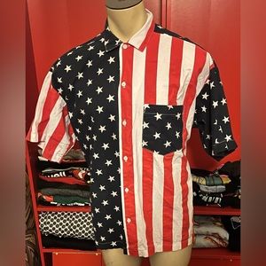 HOOPLA WORLD American Flag Print Button Down Short Sleeve Shirt X Size : Large